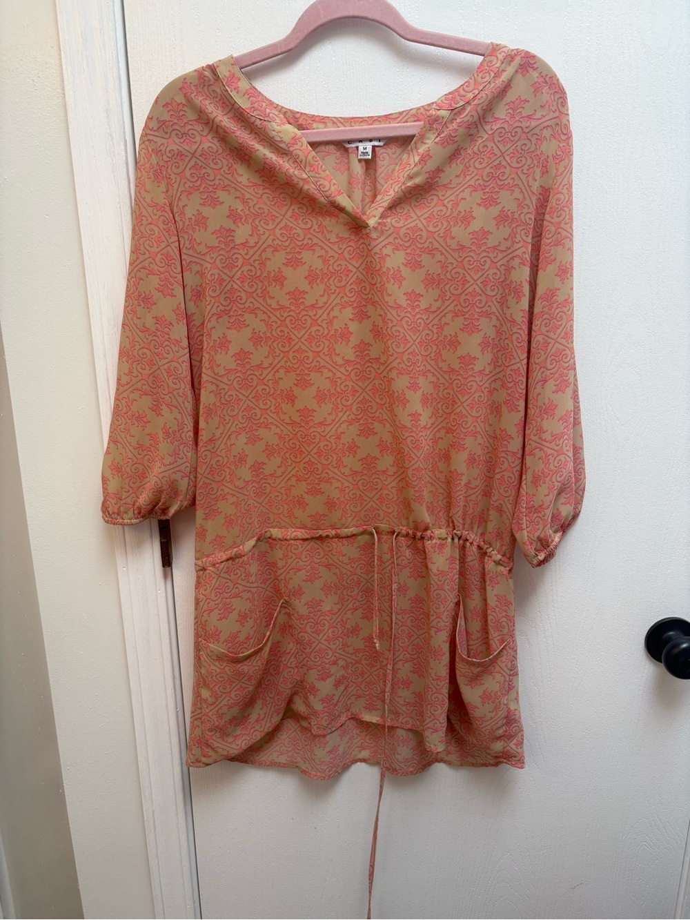 CAbi Peach and Coral Print Blouse